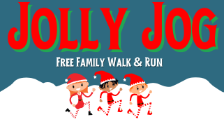 Image of red letters saying "Jolly Jog" with three cartoon characters